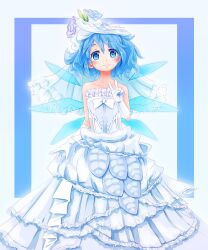  alternate_costume bare_shoulders blue_eyes blue_hair bridal_veil cirno collarbone commentary_request dress female flower frills gloves highres leaf looking_at_viewer photoshop_(medium) same_2009 short_hair simple_background smile solo strapless strapless_dress touhou v veil wedding_dress white_gloves wings 