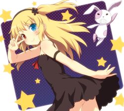  arm_strap bare_shoulders black_dress blonde_hair blush boku_wa_tomodachi_ga_sukunai commentary_request dress female hairband hasegawa_kobato heterochromia long_hair looking_at_viewer smile solo star_(symbol) stuffed_animal stuffed_rabbit stuffed_toy two_side_up v yamasan 