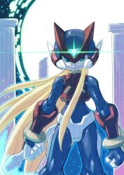  1boy blonde_hair commentary_request energy_blade gloves glowing green_eyes helmet hi-go! male_focus mega_man_(series) mega_man_zero_(series) photoshop_(medium) pillar solo z_saber zero(z)_(mega_man) zero_(mega_man) 