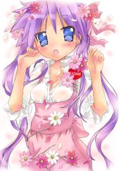  anna_miller blue_eyes commentary_request cosmos_(flower) female flower hair_flower hair_ornament highres hiiragi_kagami long_hair lucky_star nyanmilla open_clothes open_shirt pink_flower purple_hair shirt solo twintails waitress white_flower 