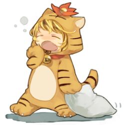  alternate_costume animal_costume animal_print bell chibi closed_eyes collar female lowres nakatani_nio neck_bell oerba_yun_fang open_mouth pillow shadow simple_background sleepy solo tiger_costume tiger_print toramaru_shou touhou walking yawning 