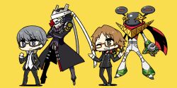  2boys brown_eyes brown_hair chan_co chibi codpiece commentary_request glasses grey_eyes grey_hair hanamura_yousuke hand_in_pocket headphones headphones_around_neck izanagi_(persona_4) jiraiya_(persona_4) male_focus multiple_boys narukami_yuu one_eye_closed persona persona_4 school_uniform shrugging smile standing 