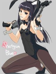  animal_ears black_eyes black_hair bow bowtie commentary_request detached_collar dual_wielding female flat_chest grin gun handgun holding kawanishi_futami long_hair m1911 original pantyhose playboy_bunny rabbit_ears rabbit_tail shotgun smile solo tail trigger_discipline weapon wrist_cuffs 