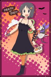  :d android arm_cannon bandages basket bat_(animal) black_eyes black_hair boots candy collarbone commentary_request detached_sleeves dress feline female food food-themed_hair_ornament gun hair_ornament halloween highres hiroki_eiki machine_gun nichijou open_mouth pantyhose partial_commentary petticoat pumpkin pumpkin_hair_ornament sakamoto_(nichijou) shadow shinonome_nano short_hair single_detached_sleeve smile smoke speech_bubble stitches striped_clothes striped_pantyhose vertical-striped_clothes vertical-striped_pantyhose weapon winding_key 