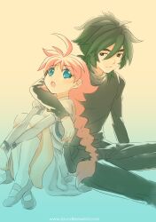  1boy :o ahiru_(princess_tutu) ahoge bad_id bad_pixiv_id blue_eyes braid eye_contact eyebrows fakir_(princess_tutu) female green_eyes green_hair kaze-hime kneehighs looking_at_another open_mouth photoshop_(medium) pink_hair ponytail princess_tutu single_braid sitting socks sweater watermark 