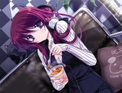  beyerdynamic blush brand_name_imitation breasts cable checkered cleavage commentary_request cushion dutch_angle feline female food fork headphones headphones_around_neck holding holding_fork kamaboko long_hair looking_at_viewer medium_breasts narutomaki nissin_cup_noodle original photoshop_(medium) purple_eyes red_hair ryuuga_shou sitting sleeves_past_wrists solo unzipped 