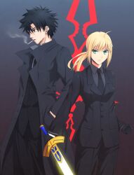  1boy ahoge artoria_pendragon_(fate) black_eyes black_gloves black_hair blonde_hair cigarette command_spell commentary_request emiya_kiritsugu excalibur_(fate/stay_night) facial_hair fate/zero fate_(series) female formal gloves green_eyes hand_in_pocket holding holding_sword holding_weapon long_coat long_hair namakemono_(u446644k) necktie pant_suit pants ponytail saber_(fate) stubble suit sword weapon 