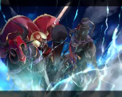  1boy bad_id bad_pixiv_id battle beard bull cape chariot dutch_angle electricity facial_hair fate/zero fate_(series) gordius_wheel_(fate) highres iskandar_(fate) lightofheaven male_focus red_eyes red_hair solo sword weapon 