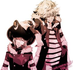  2boys animal_hat belphegor_(reborn) coat fran_(reborn) frog_hat grin hair_over_eyes hand_in_pocket hat katekyo_hitman_reborn! multiple_boys shirt simple_background smile striped_clothes striped_shirt tiara 