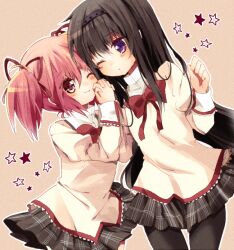  2girls akemi_homura bad_id bad_pixiv_id black_hair bow hairband hairbow kaname_madoka long_hair mahou_shoujo_madoka_magica mahou_shoujo_madoka_magica_(anime) mitakihara_school_uniform multiple_girls nochita_shin one_eye_closed pantyhose pink_eyes pink_hair purple_eyes ribbon school_uniform short_hair smile twintails 