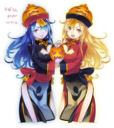  2girls :d :p alternate_color blonde_hair blue_hair blue_skin blush bow breast_press breasts china_dress chinese_clothes cleavage cleavage_cutout clothing_cutout colored_skin commentary_request cowboy_shot cropped_legs dress dual_persona from_side hair_between_eyes hair_over_one_eye hat holding jack-o&#039;-lantern jiangshi large_breasts long_hair long_sleeves looking_at_viewer multiple_girls ofuda open_mouth orange_eyes outline parted_bangs pumpkin purple_eyes qingdai_guanmao sash sengoku_collection side_slit simple_background smile standing super_zombie tongue tongue_out translation_request turtleneck wavy_hair white_background wide_sleeves zhang_jiao_(sengoku_collection) 