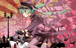  bad_id bad_pixiv_id cherry_blossoms female gloves green_eyes green_hair hat hatsune_miku long_hair nyoro_(nyoronyoro000) open_mouth peaked_cap petals photoshop_(medium) profile senbonzakura_(vocaloid) silhouette skirt solo thighhighs twintails vocaloid 