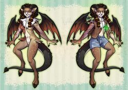  2019 anthro biped black_hooves black_nose black_tail black_wings blue_bottomwear blue_clothing blue_shorts bottomwear braided_hair breasts brown_body brown_clothing brown_fur brown_hair brown_topwear brown_vest chimera circle_eyebrows claws clothed clothing cloven_hooves curled_horn cutoffs dark_tail denim denim_bottomwear denim_clothing digital_media_(artwork) eyebrows featureless_breasts featureless_crotch female fully_clothed fur hair hi_res hip_tuft hooves horn hybrid inner_ear_fluff iris kevintheradioguy lidded_eyes light_eyebrows mammal model_sheet monster multicolored_body multicolored_fur multicolored_wings nude orange_eyes pseudo_clothing pupils red_body red_breasts red_claws red_fur red_wings shorts simple_background small_breasts smile solo spade_tail spread_fingers spreading striped_body striped_fur stripes tail tan_body tan_breasts tan_fur tan_sclera topwear tuft two_tone_wings vest white_body white_eyebrows white_fur wings yellow_pupils 