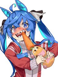  @_@ animal_ears blue_eyes blue_hair carrot commentary crossover female guinea_pig heterochromia highres horse_ears horse_girl horse_tail molcar nonco potato_(pui_pui_molcar) pui_pui_molcar purple_eyes season_connection sharp_teeth simple_background tail teeth track_suit tug_of_war twin_turbo_(umamusume) twintails umamusume upper_body white_background 