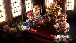  blonde_hair blue_eyes bowser character_request crown dress earrings elbow_gloves female flower flute geno_(mario) gloves haren highres instrument jewelry long_hair mario mario_(series) pink_dress princess_peach sphere_earrings super_mario_rpg toad white_flower 