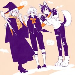  3girls :o ahoge animal_ears animal_hands bat_wings bow cane collar commentary_request halloween halloween_costume hat koito_yuu multiple_girls nakatani_nio nanami_touko oerba_yun_fang paw_pose pumpkin saeki_sayaka scarf tail vampire werewolf wings witch witch_hat wolf_girl yagate_kimi_ni_naru 