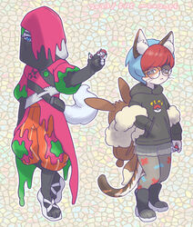  alternate_species anthro atticus_(pokemon) backpack calico_cat canid canine canis clothed clothing domestic_cat domestic_dog duo eevee eevee_backpack eyewear felid feline felis female furrification generation_1_pokemon glasses male mammal mc2_pf nintendo penny_(pokemon) pokeball pokemon pokemon_(species) team_star 