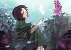  blue_sky brown_hair contest day dewitri fairy fantasy female flower glasses green_skirt hand_up highres hugging_own_legs looking_to_the_side original outdoors parted_bangs plant short_hair short_sleeves silhouette sitting skirt sky solo 