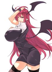  breasts demon_girl demon_wings female female head_wings huge_breasts koakuma legwear long_hair nipples pointy_ears profile puffy_nipples red_eyes red_hair simple_background solo standing stocking stockings the_embodiment_of_scarlet_devil thighhighs toono_yayoi touhou vampire wings 