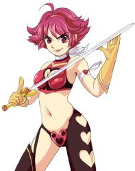  ahoge armlet asymmetrical_clothes bare_shoulders boots breasts choker cleavage cleavage_cutout clothing_cutout commentary_request crop_top cutie_honey cutie_honey_(character) female gloves halterneck heart heart_cutout jpeg_artifacts magical_girl medium_breasts midriff navel purple_eyes purple_hair re:_cutie_honey short_hair single_thighhigh skimlines solo sword thighhighs weapon 