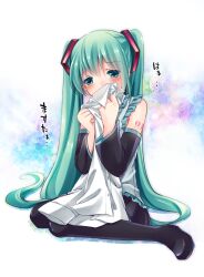  aqua_eyes aqua_hair bad_id bad_pixiv_id blush commentary_request female hatsune_miku irori long_hair sitting smelling smelling_clothes solo twintails very_long_hair vocaloid wariza 