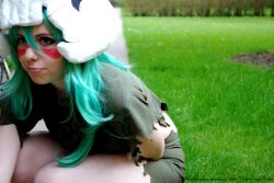  a-pumpkin absurdres aqua_hair arrancar bleach bodypaint cosplay espada highres hollow nelliel_tu_odelschwanck nelliel_tu_odelschwanck_(cosplay) non-asian photo skull skull_mask 