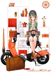  absurdres bare_shoulders black_hair female hands_on_headphones headphones helmet highres looking_at_viewer motor_vehicle nabeshima_tetsuhiro orange_eyes orange_theme original scooter shelf shoes short_hair sitting sneakers solo stereo suitcase 