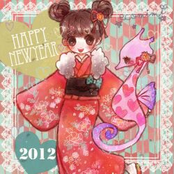  2012 bad_id bad_pixiv_id blush brown_eyes brown_hair double_bun ecomimi female fish floral_print fur_trim hair_bun heart japanese_clothes kimono new_year open_mouth original photoshop_(medium) seahorse yagasuri 