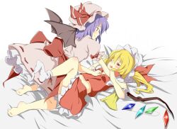  2girls barefoot bat_wings blonde_hair blush flandre_scarlet light_purple_hair midriff multiple_girls navel oguro_(moyashi_2-hon) one_eye_closed purple_hair red_eyes remilia_scarlet siblings side_ponytail sisters skirt sock_dangle sock_pull touhou wince wings 