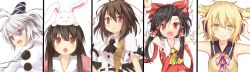  5girls :3 alternate_eye_color animal animal_on_head armpits arms_up ascot bad_id bad_pixiv_id bare_shoulders belt black_hair black_wings blush bow brown_eyes brown_hair column_lineup detached_sleeves dress earmuffs efe grey_hair hair_tubes hairbow hakurei_reimu hands_on_headphones hat houraisan_kaguya japanese_clothes long_hair mononobe_no_futo multiple_girls oerba_yun_fang on_head open_mouth pom_pom_(clothes) ponytail purple_eyes rabbit rabbit_on_head red_eyes ribbon shameimaru_aya shirt short_hair simple_background sleeveless smile strap tate_eboshi tokin_hat touhou toyosatomimi_no_miko white_background wings 