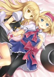  2girls ahoge alice_margatroid apron arm_grab bad_id bad_pixiv_id black_legwear blank_stare blue_dress blue_eyes blush bow capelet crotch_seam dress empty_eyes hairband hat highres jitome kirisame_marisa long_hair looking_at_viewer lying multiple_girls on_back on_side open_mouth panties panties_under_pantyhose pantyhose rasahan sash shiny_clothes shirt short_hair skirt skirt_set thigh_gap touhou underwear unworn_hat unworn_headwear upskirt wrist_cuffs yellow_eyes 