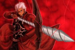  1boy archer_(fate) arrow_(projectile) bow_(weapon) caladbolg_(fate) commentary_request dark-skinned_male dark_skin drawing_bow electricity fate/stay_night fate_(series) holding holding_bow_(weapon) holding_sword holding_weapon male_focus official_style sword takeuchi_takashi_(style) v_k weapon white_hair 