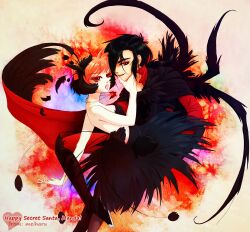  1boy ahiru_(princess_tutu) bad_id bad_pixiv_id ballerina bare_shoulders cape couple dark_persona english_text fakir_(princess_tutu) feathers female gloves jewelry meiharu necklace open_mouth orange_hair princess_tutu princess_tutu_(character) red_eyes straight tutu wings 