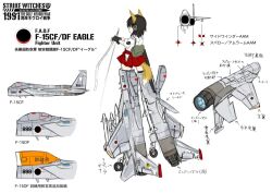  adapted_uniform animal_ears bad_id bad_pixiv_id black_hair commentary dakku_(ogitsune) emblem f-15_eagle female from_behind full_body fuso landing_gear missile nontraditional_miko original photoshop_(medium) reference_sheet skirt solo strike_witches_1991 striker_unit tail translated world_witches_series 