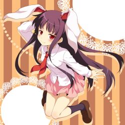  animal_ears black_socks blush brown_hair commentary_request cosplay dress_shirt female houraisan_kaguya kemonomimi_mode loafers long_hair necktie rabbit_ears red_eyes red_necktie reisen_udongein_inaba reisen_udongein_inaba_(cosplay) shirt shoes skirt smile socks solo touhou very_long_hair yamasan 