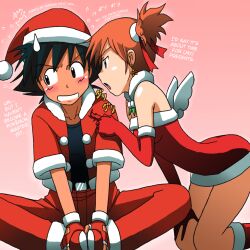  bare_shoulders black_hair blush christmas fingerless_gloves friend_zone gloves hard_translated hat kakkii kasumi_(pokemon) lolicon nintendo orange_hair pokemon pokemon_(anime) poking ribbon satoshi_(pokemon) thighs translated 