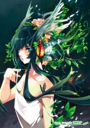  absurdres bare_arms bare_shoulders black_background black_hair blue_eyes breasts bug butterfly dissolving female floating_hair flower from_side glowing_butterfly green_hair hair_flower hair_ornament head_wings headphones highres light_particles parted_lips pink_flower plant saya_(saya_no_uta) saya_no_uta small_breasts solo strap_lift strap_slip tenryou_sena upper_body vines wings 