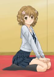  black_legwear blonde_hair blush brown_eyes brown_hair female flower hair_flower hair_ornament hanasaku_iroha highres indoors kneehighs looking_at_viewer matsumae_ohana no_shoes on_floor panties pantyshot pleated_skirt sailor_collar sailor_fuku school_uniform serafuku short_hair sitting skirt smile socks solo underwear upskirt wariza wavy_hair 