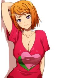  against_wall arm_behind_head arm_up breasts cleavage covered_nipples female hairu heart large_breasts light_smile my-hime no_bra orange_hair purple_eyes red_shirt shadow shirt short_hair simple_background solo tokiha_mai upper_body 