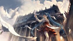  aqua_eyes aqua_hair architecture bird cloud cloudy_sky commentary_request day dove dress feathers female flock garter_straps hatsune_miku italy long_hair outdoors perspective rome_(city) silverwing sky smile solo st._peter&#039;s_square thighhighs twintails vatican very_long_hair vocaloid white_thighhighs 