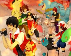  4boys alternate_costume backwards_hat band bass_guitar blue_oak bow bowtie clothed_pokemon commentary_request drumsticks eevee electric_guitar ethan_(pokemon) female feraligatr guitar hat hat_ribbon holding instrument keyboard_(instrument) kneehighs lyra_(pokemon) marill meganium microphone multiple_boys music no_headwear one_(brs) pikachu pixiv_red playing_instrument pokemon pokemon_(creature) pokemon_frlg pokemon_hgss pokemon_rgby red_(pokemon) ribbon silver_(pokemon) singing smile socks starter_pokemon_trio triangle_(instrument) typhlosion 