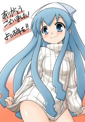  akou_roushi alternate_costume blue_eyes blue_hair blush blush_stickers bottomless clothes_tug commentary_request female ikamusume long_hair naked_sweater new_year no_pants oversized_clothes ribbed_sweater shinryaku!_ikamusume smile solo sweater sweater_tug tentacle tentacle_hair translated turtleneck 