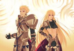  1boy armor blonde_hair breasts cleavage commentary_request dual_persona earrings fate/stay_night fate_(series) female gate_of_babylon_(fate) genderswap_(mtf) gilgamesh_(fate) jewelry long_hair medium_breasts midriff miniskirt namakemono_(u446644k) red_eyes rule_63 skirt underboob 