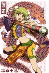  2012 alternate_costume chinese_clothes commentary_request detached_sleeves double_bun dragon dragon_kid eastern_dragon female fighting_stance green_eyes green_hair hair_bun huang_baoling midriff nira_(niratoro) perspective photoshop_(medium) short_hair shorts slippers solo staff superhero_costume tiger_&amp;_bunny vest yellow_shorts 