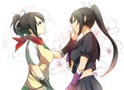  2girls asuka_(senran_kagura) bad_id bad_pixiv_id black_hair black_serafuku breasts couple flower hand_on_another&#039;s_cheek hand_on_another&#039;s_face hebijo_academy_uniform homura_(senran_kagura) large_breasts long_hair multiple_girls sao_(0060) school_uniform senran_kagura senran_kagura_shoujo-tachi_no_shin&#039;ei serafuku smile tears yuri 