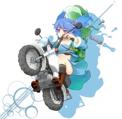  1_mutsuki :&lt; backpack bag blue_eyes blue_hair boots bra commentary_request female hair_bobbles hair_ornament hat jumping kawashiro_nitori lingerie midriff motor_vehicle motorcycle open_mouth panties plaid purple_eyes red_bra red_panties riding screw shirt skirt skirt_set solo touhou two_side_up underwear upshirt upskirt wrench 