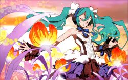  7th_dragon_(series) 7th_dragon_2020 armpits bare_shoulders closed_eyes commentary_request female floating_hair floro_(7th_dragon) flower green_hair hatsune_miku long_hair nyoro_(nyoronyoro000) photoshop_(medium) skirt solo twintails very_long_hair vocaloid 