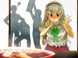  against_glass angry blush bowl broken_glass cameraman commentary_request director female food glass grey_hair hairband hands_on_own_hips idolmaster idolmaster_(classic) kamaboko long_hair meandros namidate narutomaki noodles nori_(seaweed) open_mouth ramen red_eyes shijou_takane steam sweatdrop 