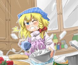  baking blonde_hair blue_eyes braid can commentary_request female food fruit head_scarf kirisame_marisa messy mixer_(cooking) mixing_bowl solo strawberry surprised taker_(flamestorm) touhou 