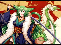  animal_ears antlers commentary_request dragon dragon_girl dragon_tail eastern_dragon female fur_trim green_hair horns japanese_clothes kimono konshin letterboxed long_hair new_year oerba_yun_fang one_eye_closed open_mouth original partial_commentary red_eyes rising_sun_flag solo sunburst sunburst_background sword tail very_long_hair weapon 